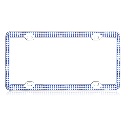 Chrome Metal License Plate Frame with Triple Row Blue Crystals